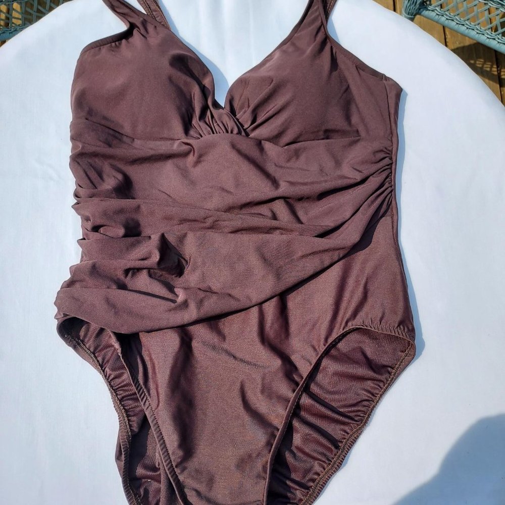 Trimshaper size 16 Ruched Chocolate Colored one piece.